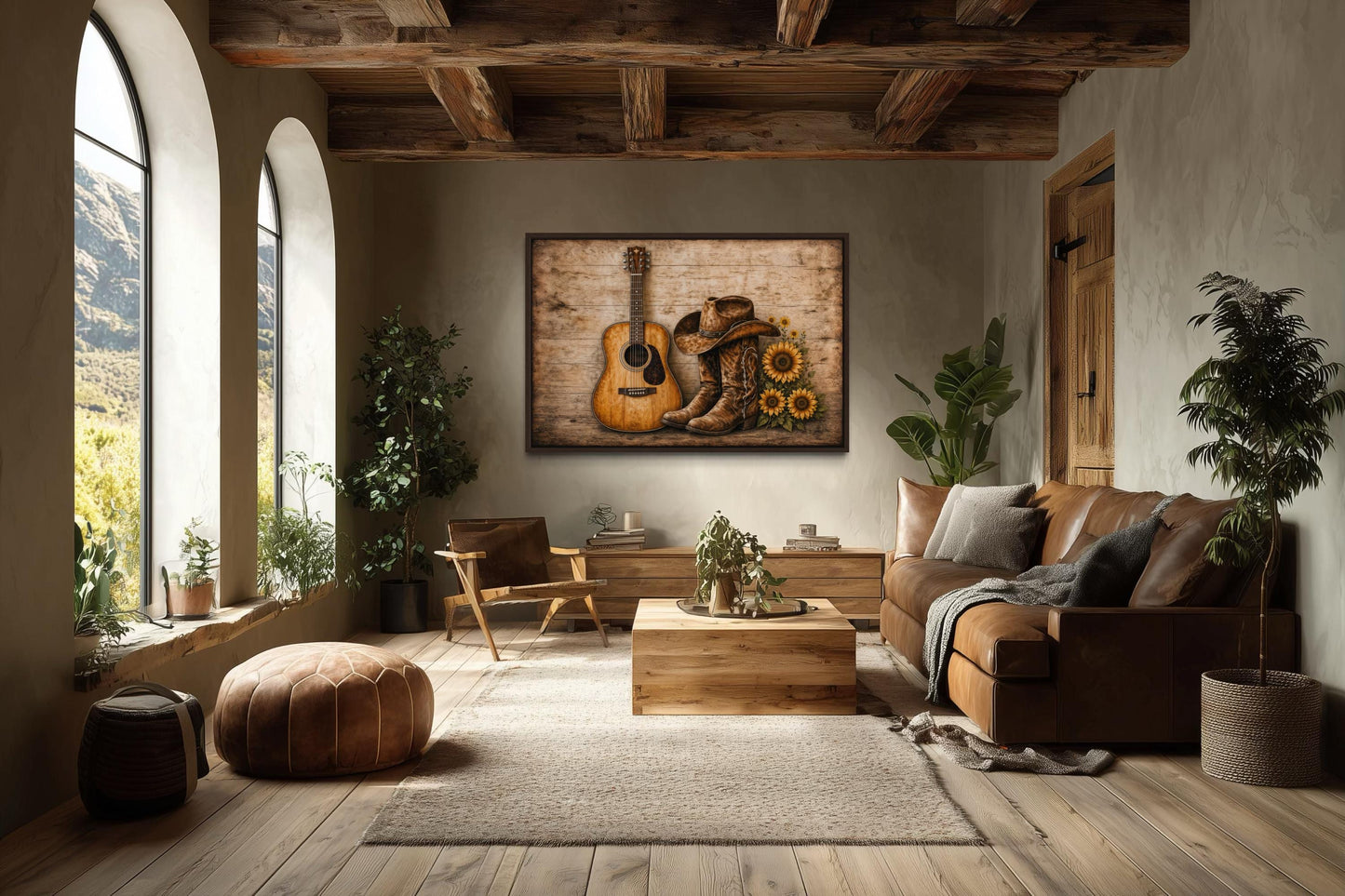 Cowboy Boots, Hat, Guitar and Sunflowers Canvas Wall Art