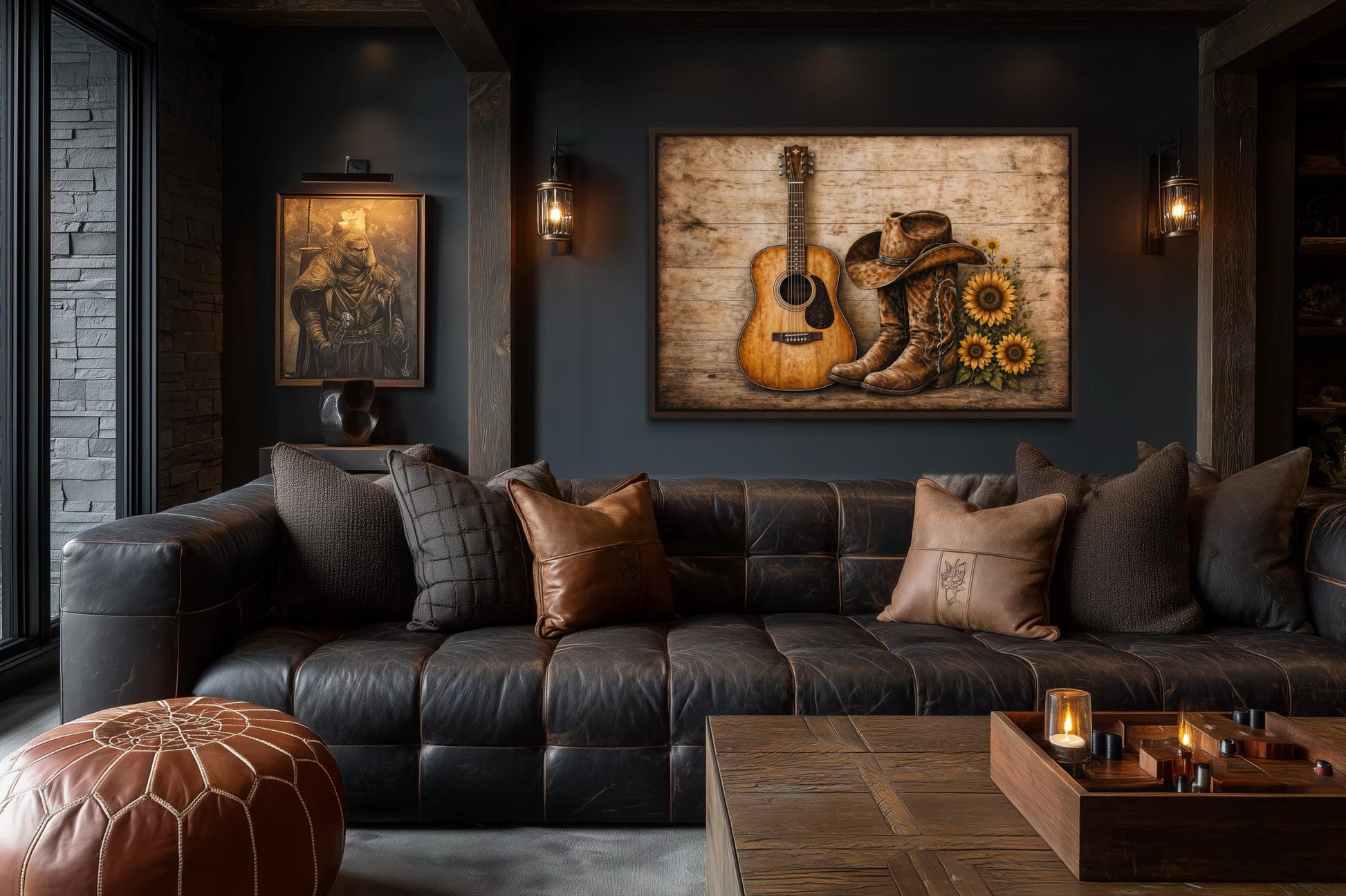 Cowboy Boots, Hat, Guitar and Sunflowers Canvas Wall Art