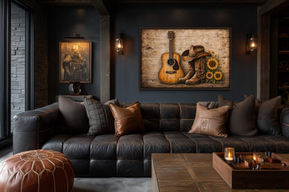 Cowboy Boots, Hat, Guitar and Sunflowers Canvas Wall Art