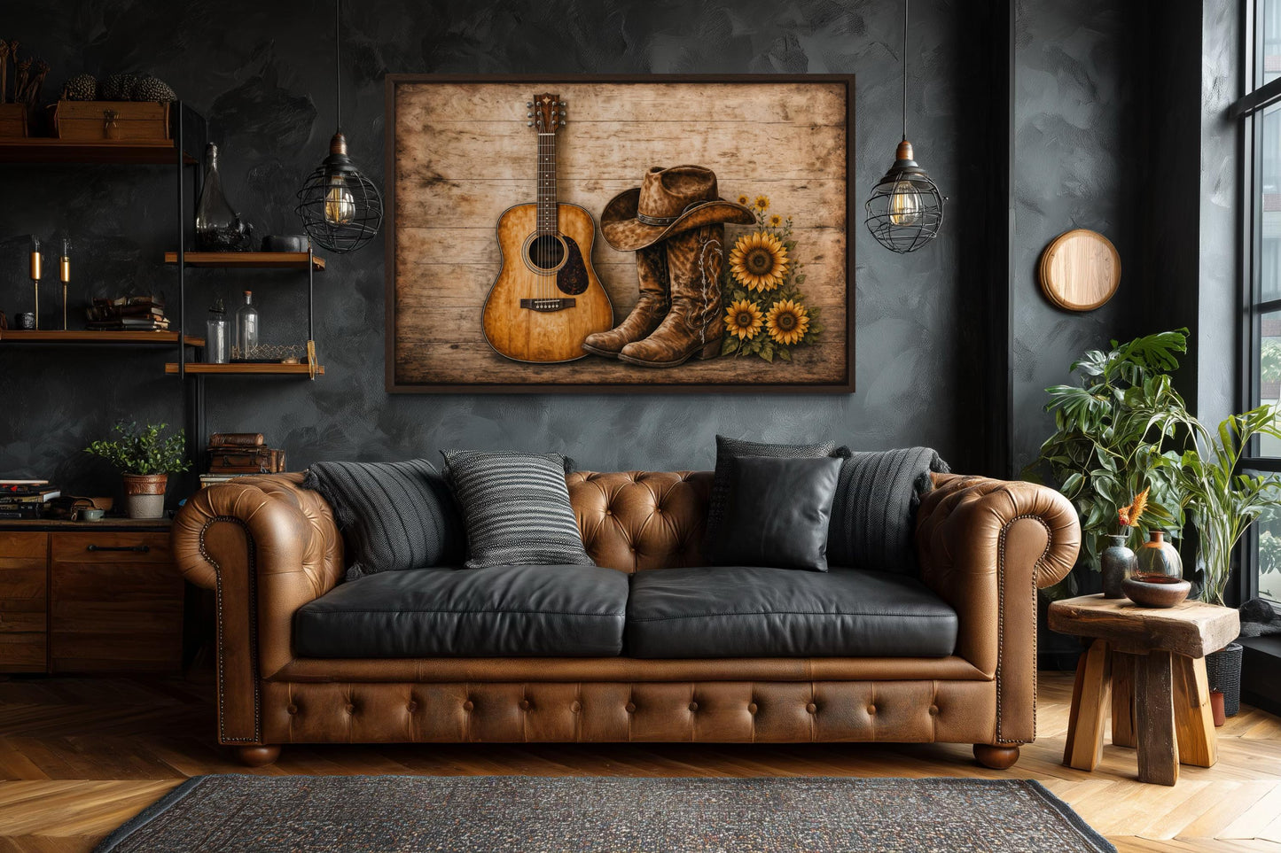 Cowboy Boots, Hat, Guitar and Sunflowers Canvas Wall Art