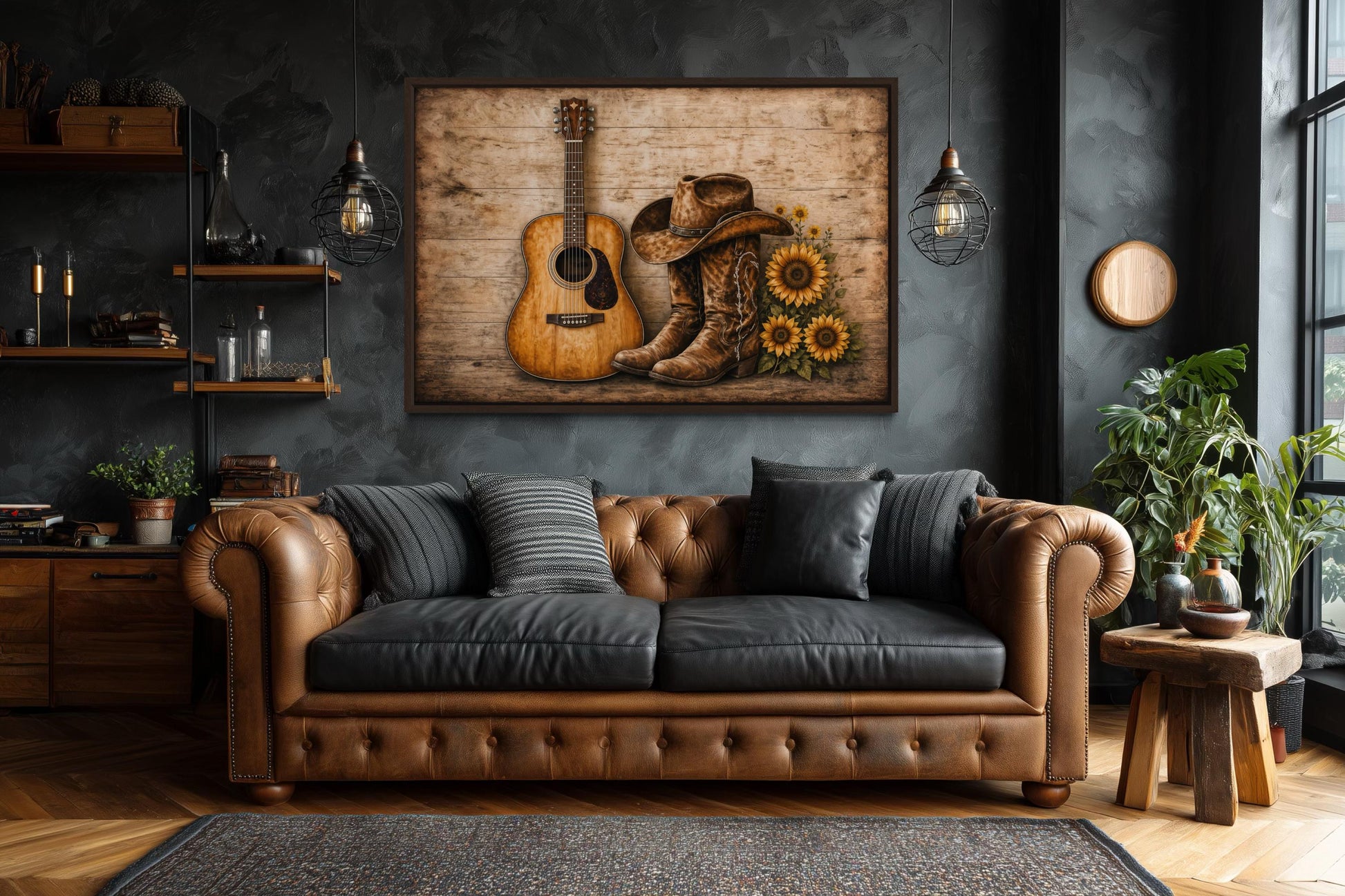 Cowboy Boots, Hat, Guitar and Sunflowers Canvas Wall Art