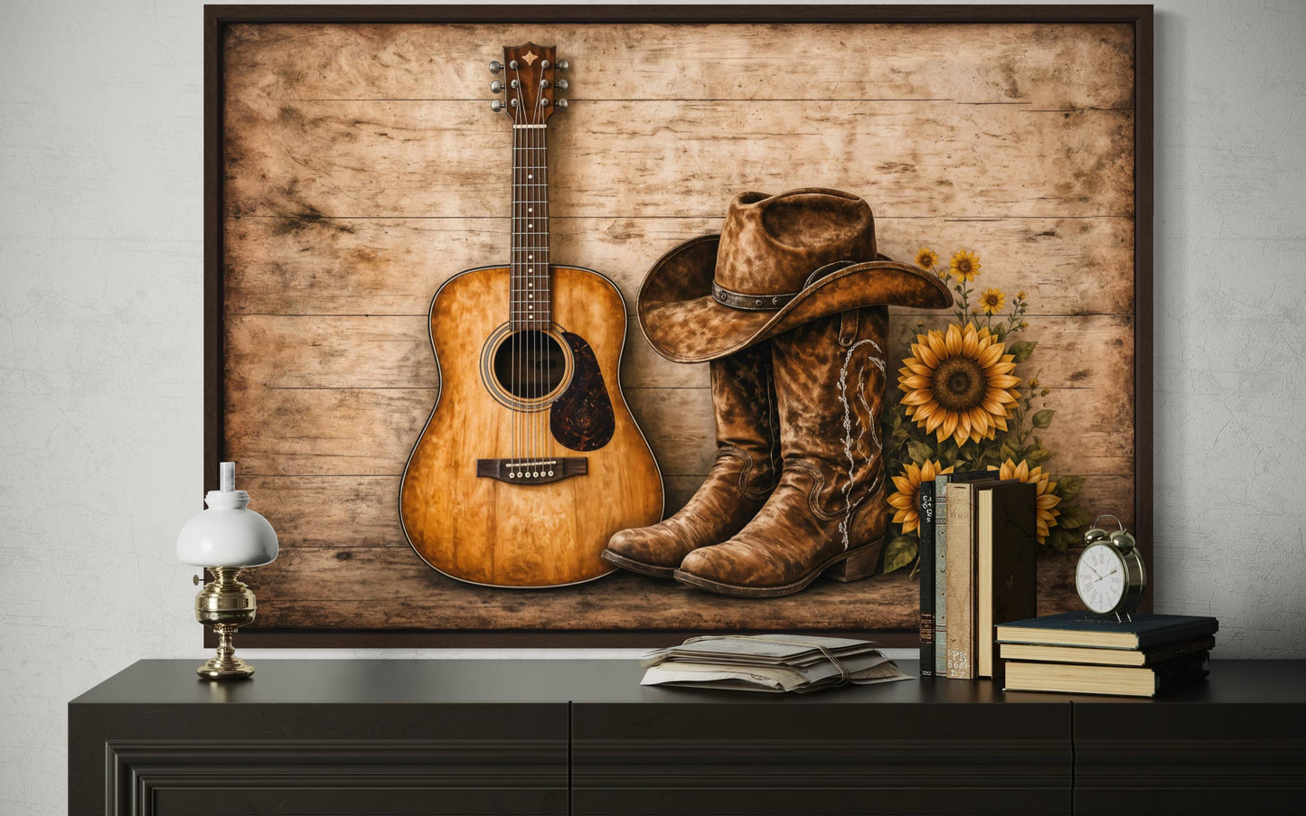 Cowboy Boots, Hat, Guitar and Sunflowers Canvas Wall Art