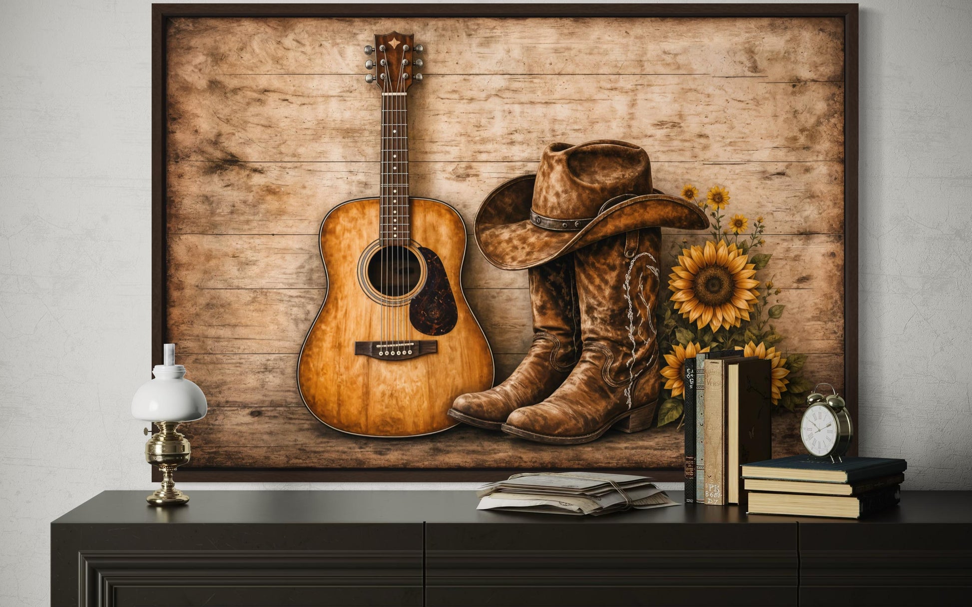 Cowboy Boots, Hat, Guitar and Sunflowers Canvas Wall Art