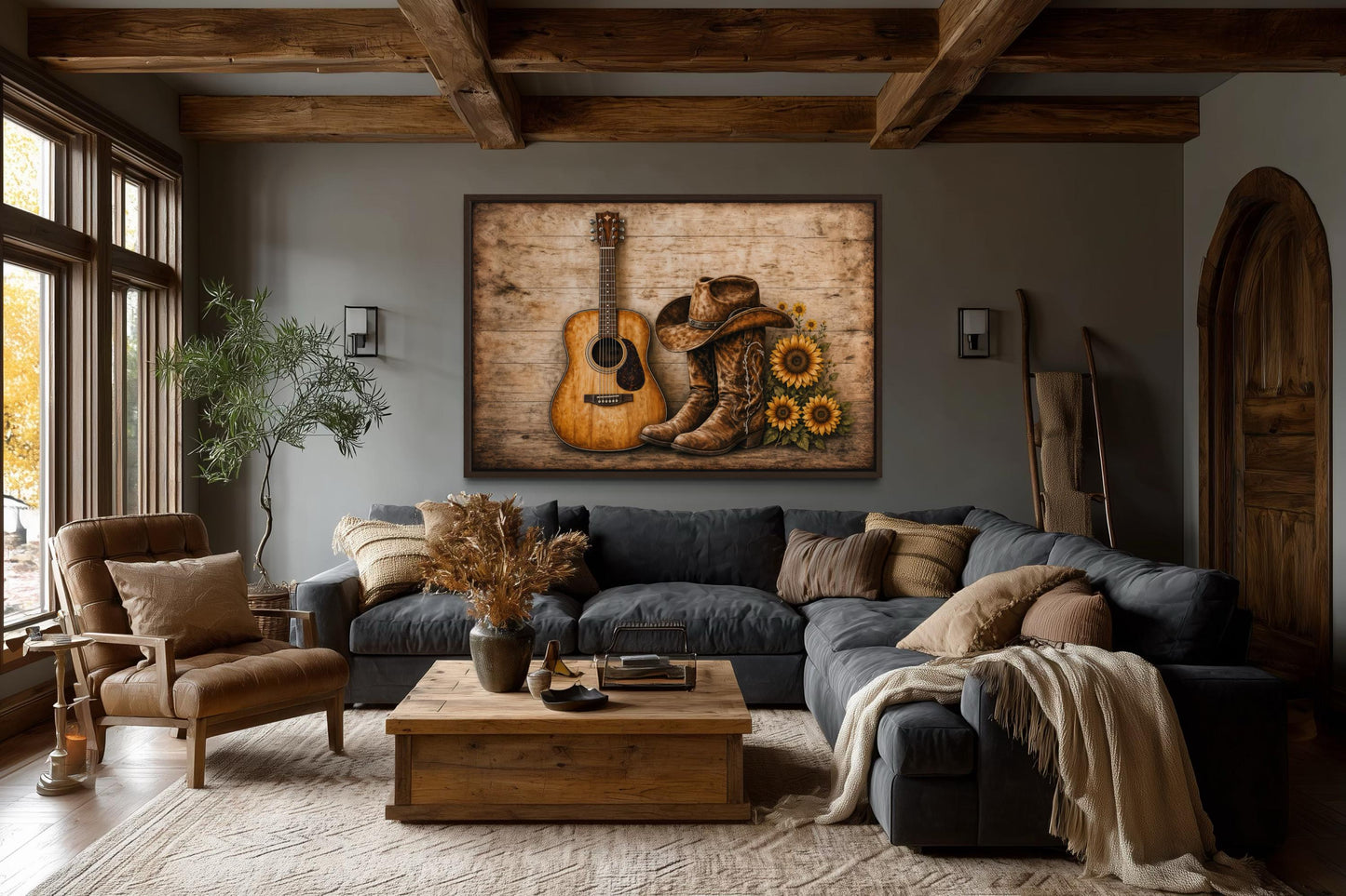 Cowboy Boots, Hat, Guitar and Sunflowers Canvas Wall Art