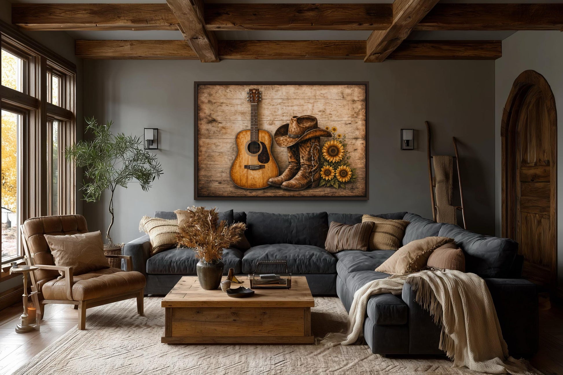 Cowboy Boots, Hat, Guitar and Sunflowers Canvas Wall Art