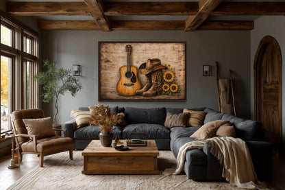 Cowboy Boots, Hat, Guitar and Sunflowers Canvas Wall Art