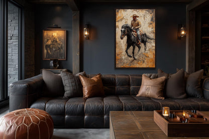 Cowboy Canvas Wall Art - Western Rustic Horseback Cowboy Print | Man Cave Wall Art