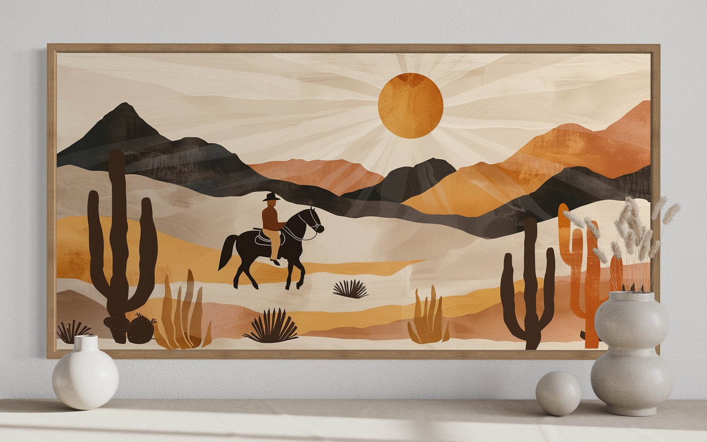 Cowboy In The Desert Framed Canvas Wall Art - Neutral Southwestern Or Western Decor