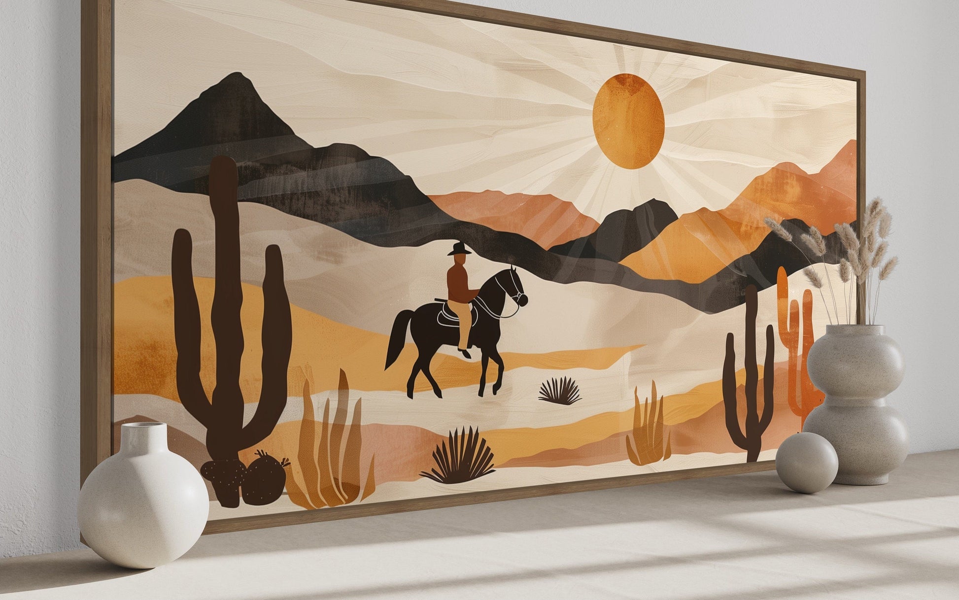 Cowboy In The Desert Framed Canvas Wall Art - Neutral Southwestern Or Western Decor