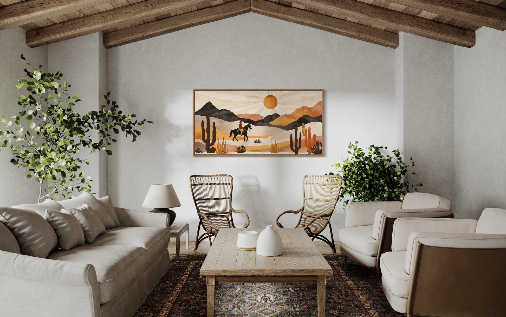 Cowboy In The Desert Framed Canvas Wall Art - Neutral Southwestern Or Western Decor