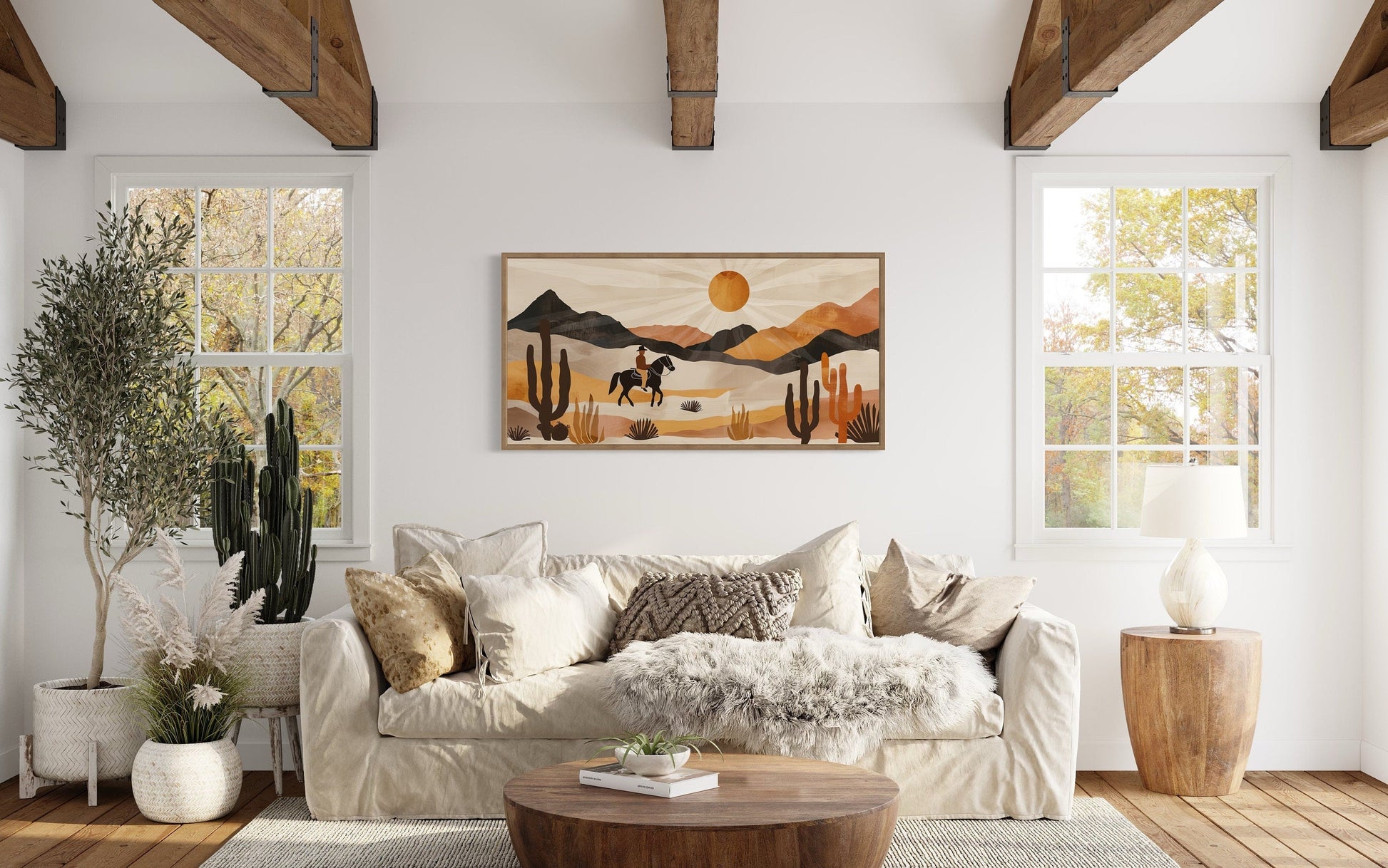 Cowboy In The Desert Framed Canvas Wall Art - Neutral Southwestern Or Western Decor