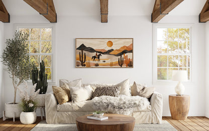 Cowboy In The Desert Framed Canvas Wall Art - Neutral Southwestern Or Western Decor