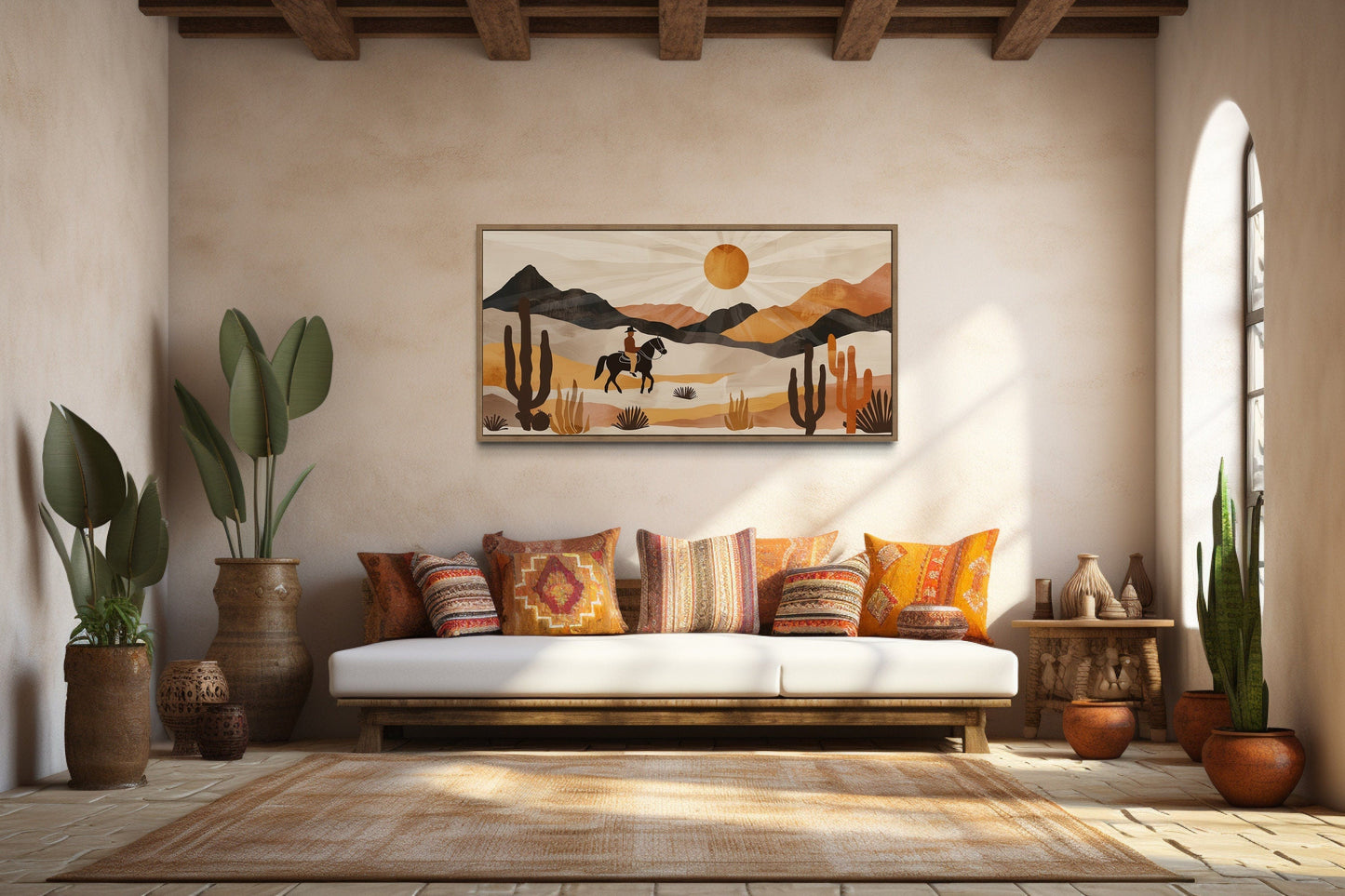Cowboy In The Desert Framed Canvas Wall Art - Neutral Southwestern Or Western Decor