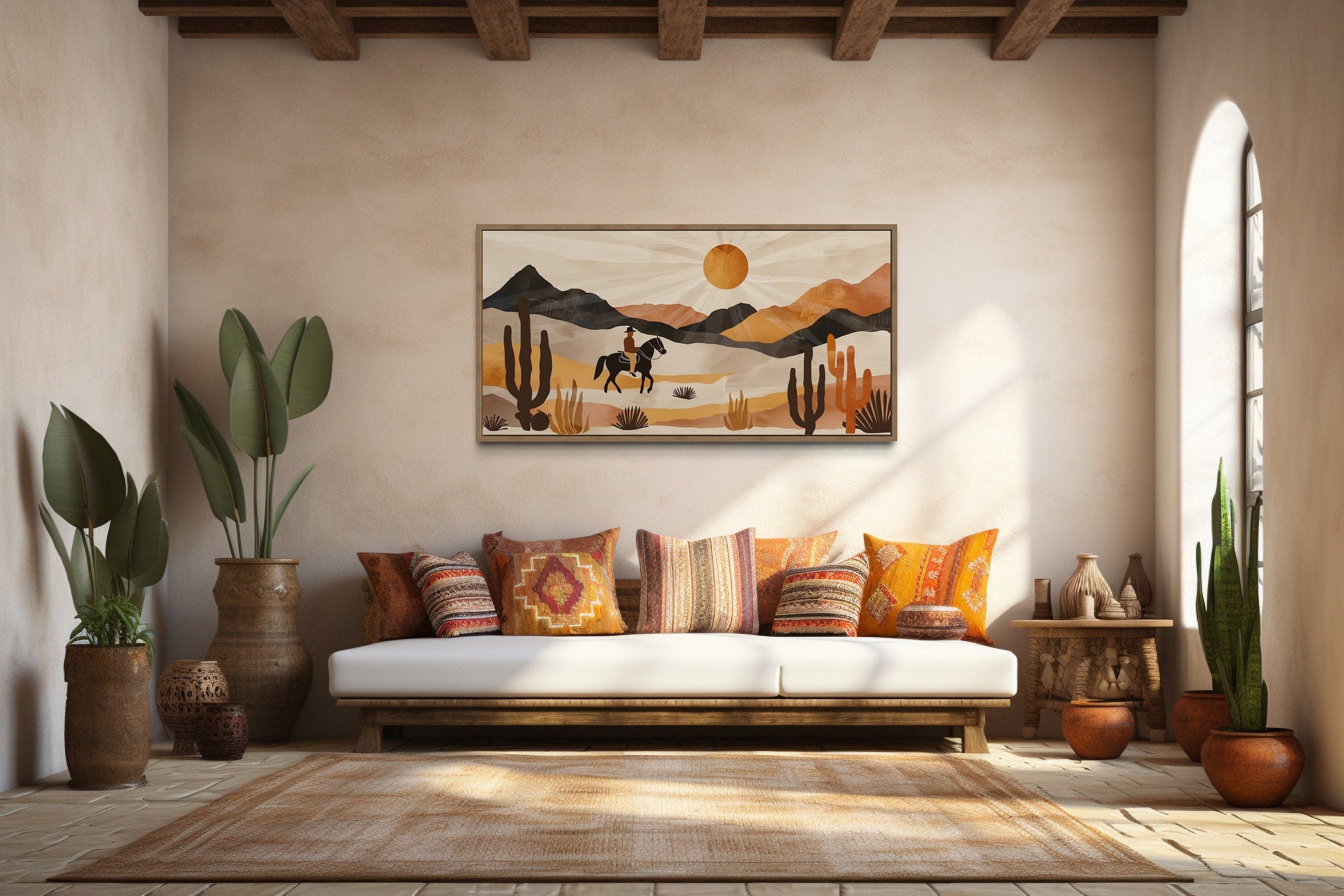 Cowboy In The Desert Framed Canvas Wall Art - Neutral Southwestern Or Western Decor