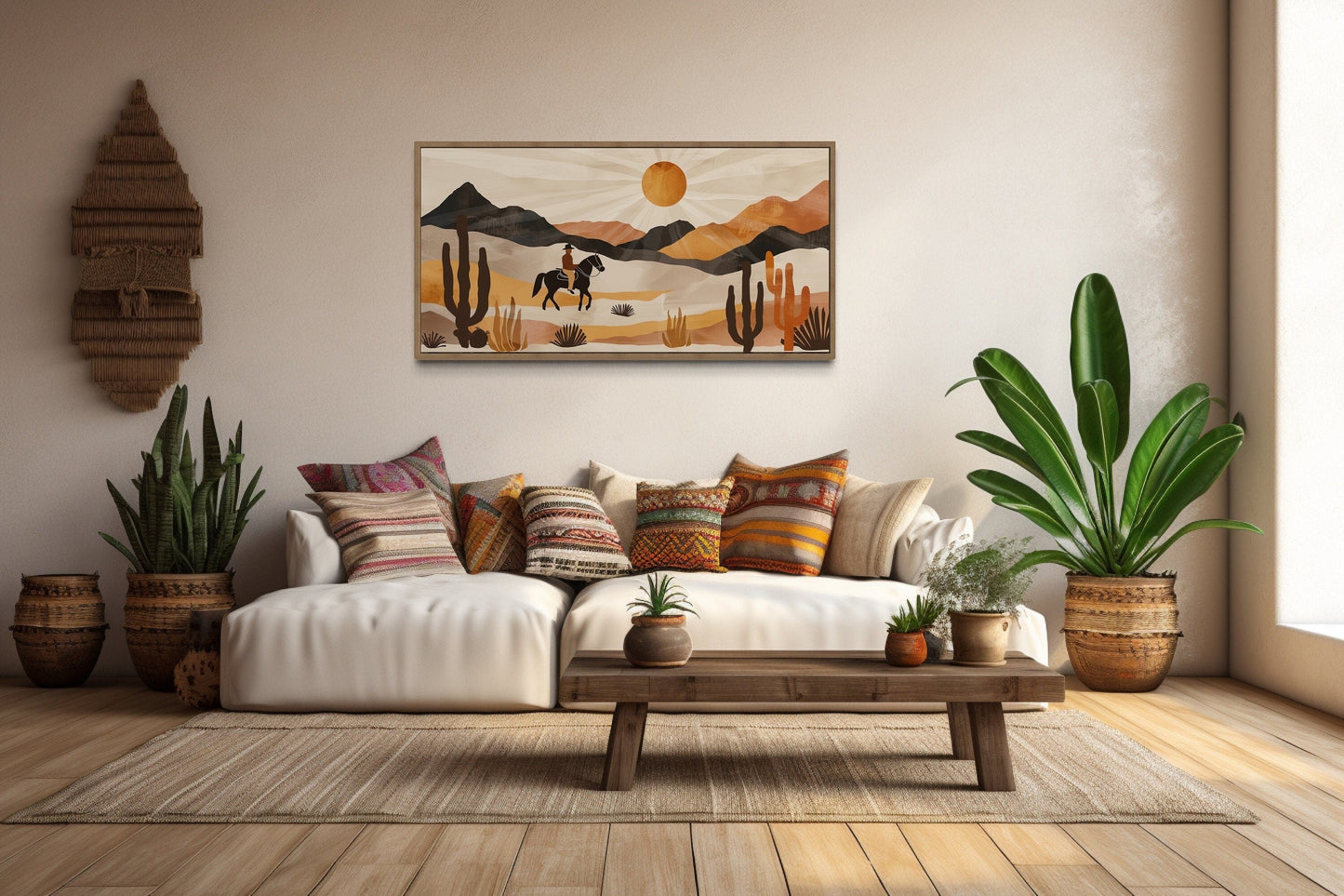 Cowboy In The Desert Framed Canvas Wall Art - Neutral Southwestern Or Western Decor