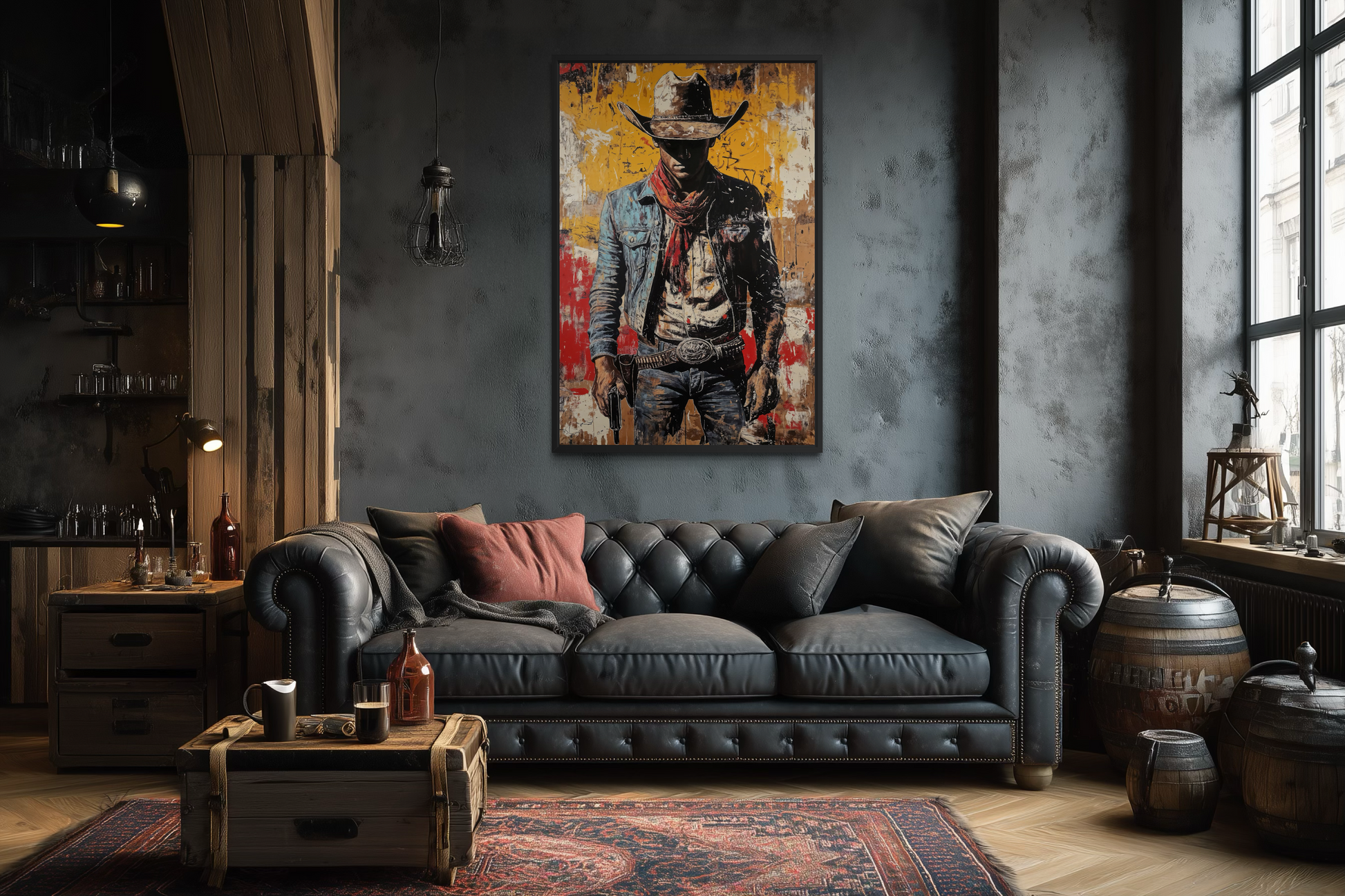 Cowboy Graffiti Framed Canvas Wall Art - Wild West Decor