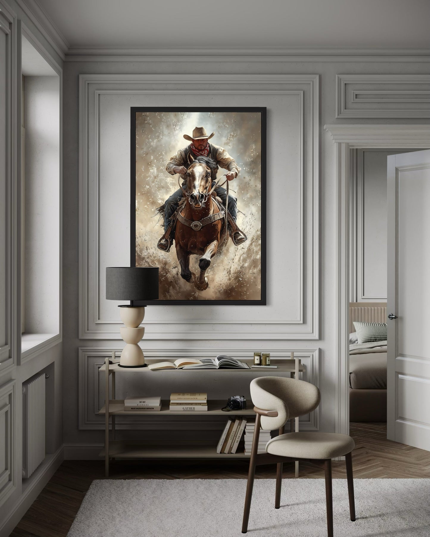 Cowboy On Horse Framed Canvas Wall Art