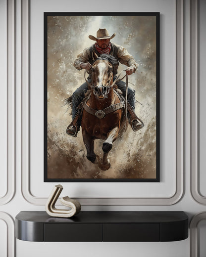 Cowboy On Horse Framed Canvas Wall Art