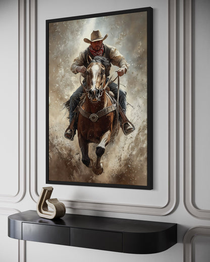 Cowboy On Horse Framed Canvas Wall Art