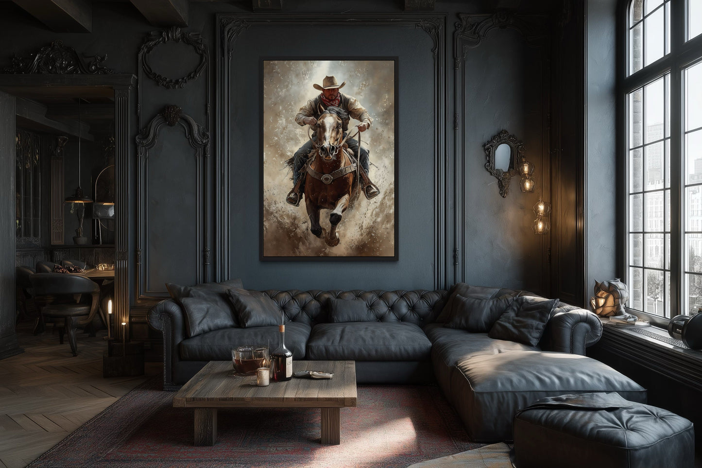 Cowboy On Horse Framed Canvas Wall Art