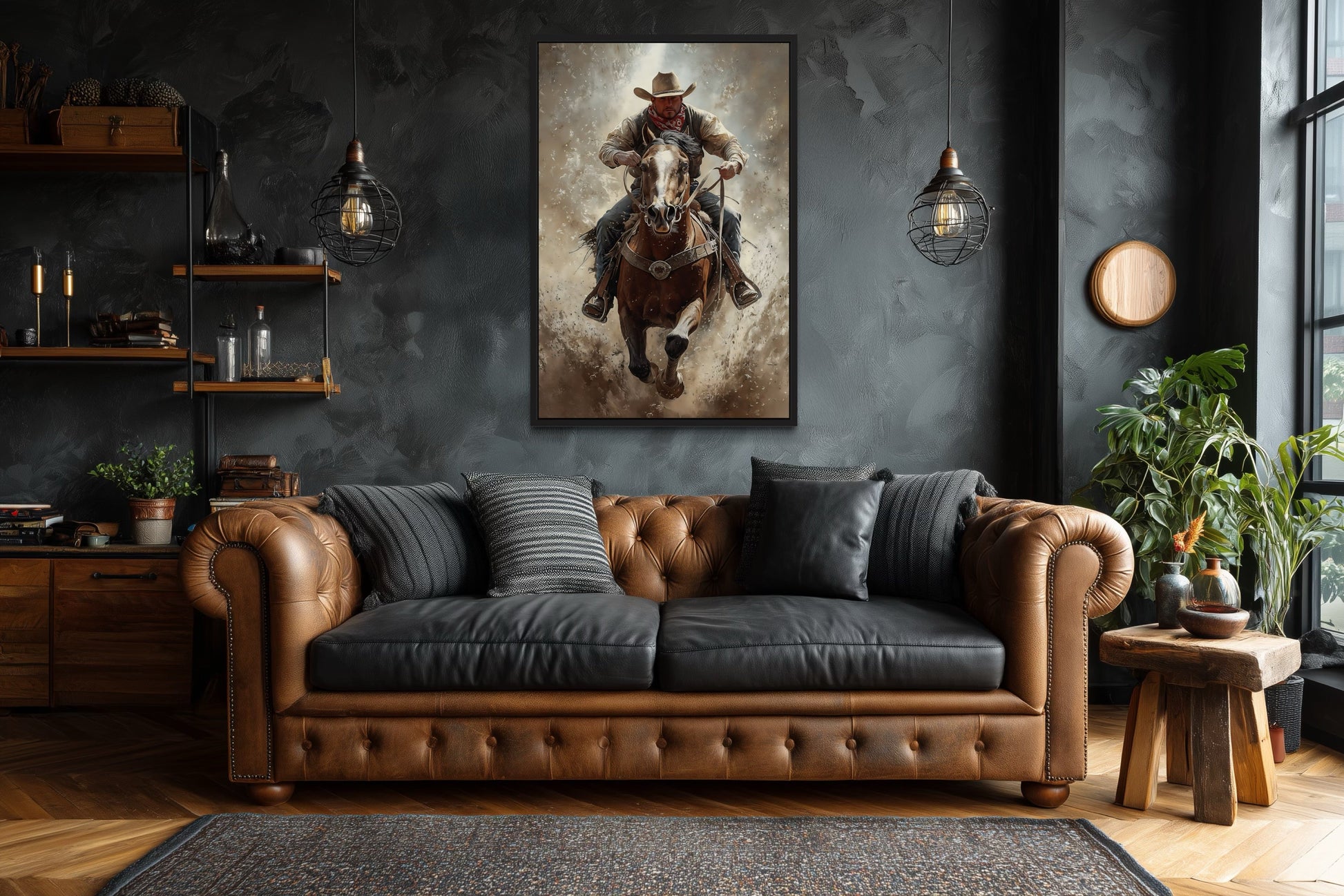 Cowboy On Horse Framed Canvas Wall Art