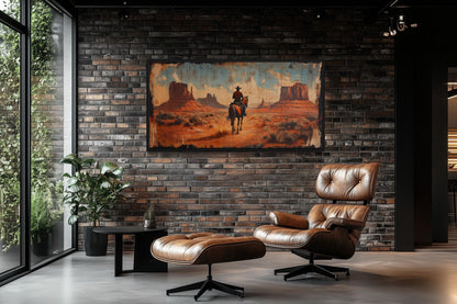 Cowboy Riding A Horse In Monument Valley Framed Canvas Wall Art