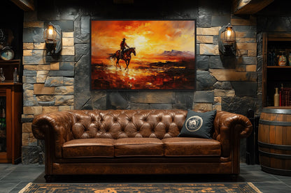Cowboy Riding A Horse In The Desert At Sunset Wild West Canvas Art