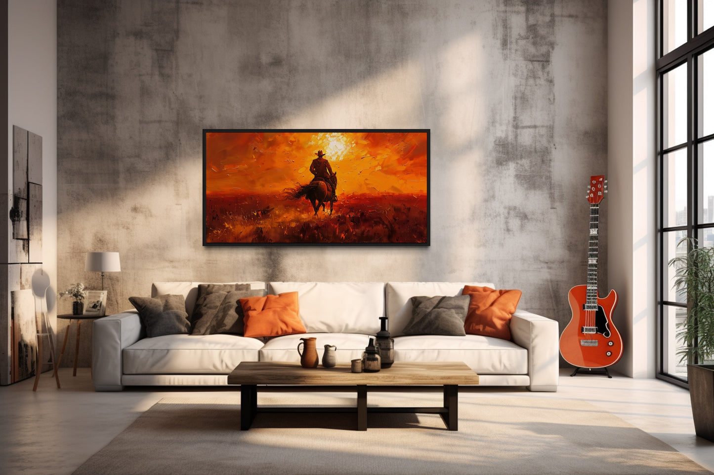 Cowboy Riding Into Sunset Western Canvas Wall Art