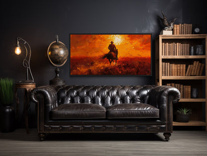 Cowboy Riding Into Sunset Western Canvas Wall Art