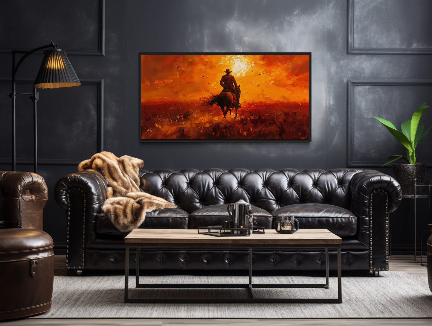 Cowboy Riding Into Sunset Western Canvas Wall Art
