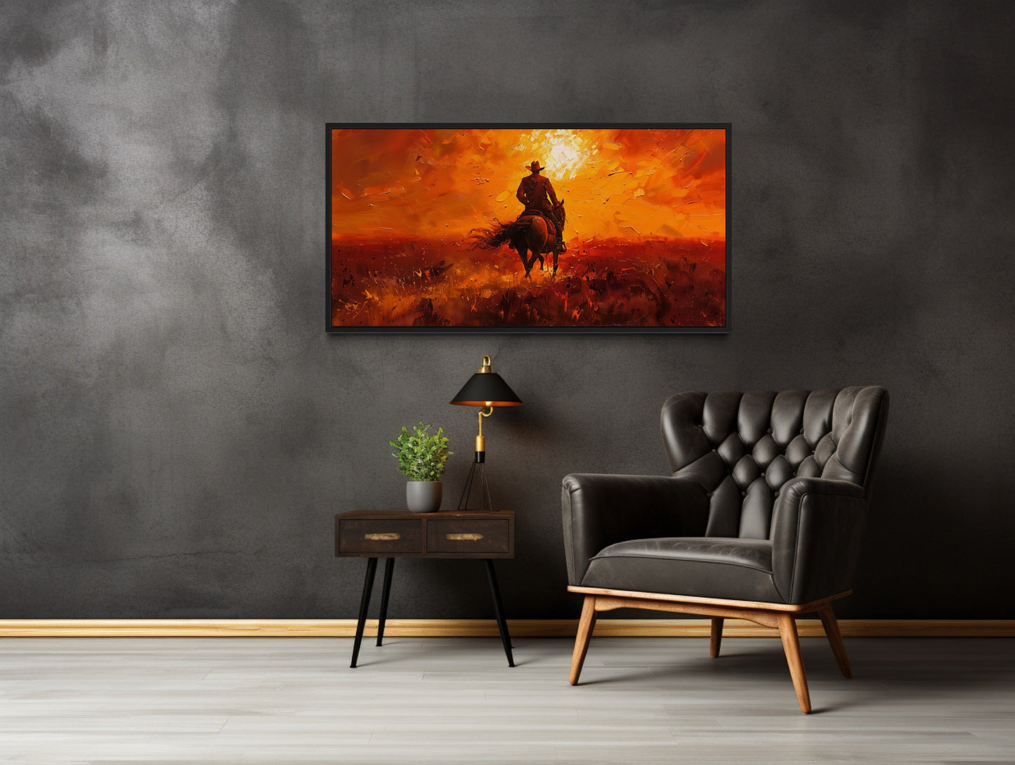 Cowboy Riding Into Sunset Western Canvas Wall Art
