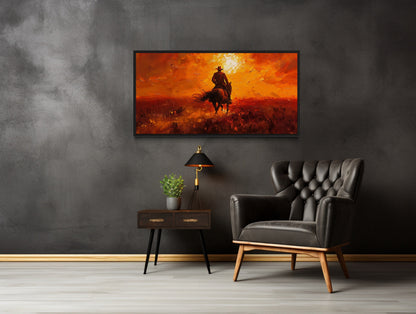 Cowboy Riding Into Sunset Western Canvas Wall Art