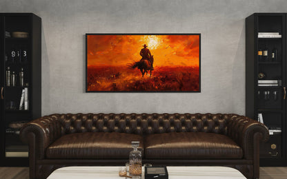 Cowboy Riding Into Sunset Western Canvas Wall Art