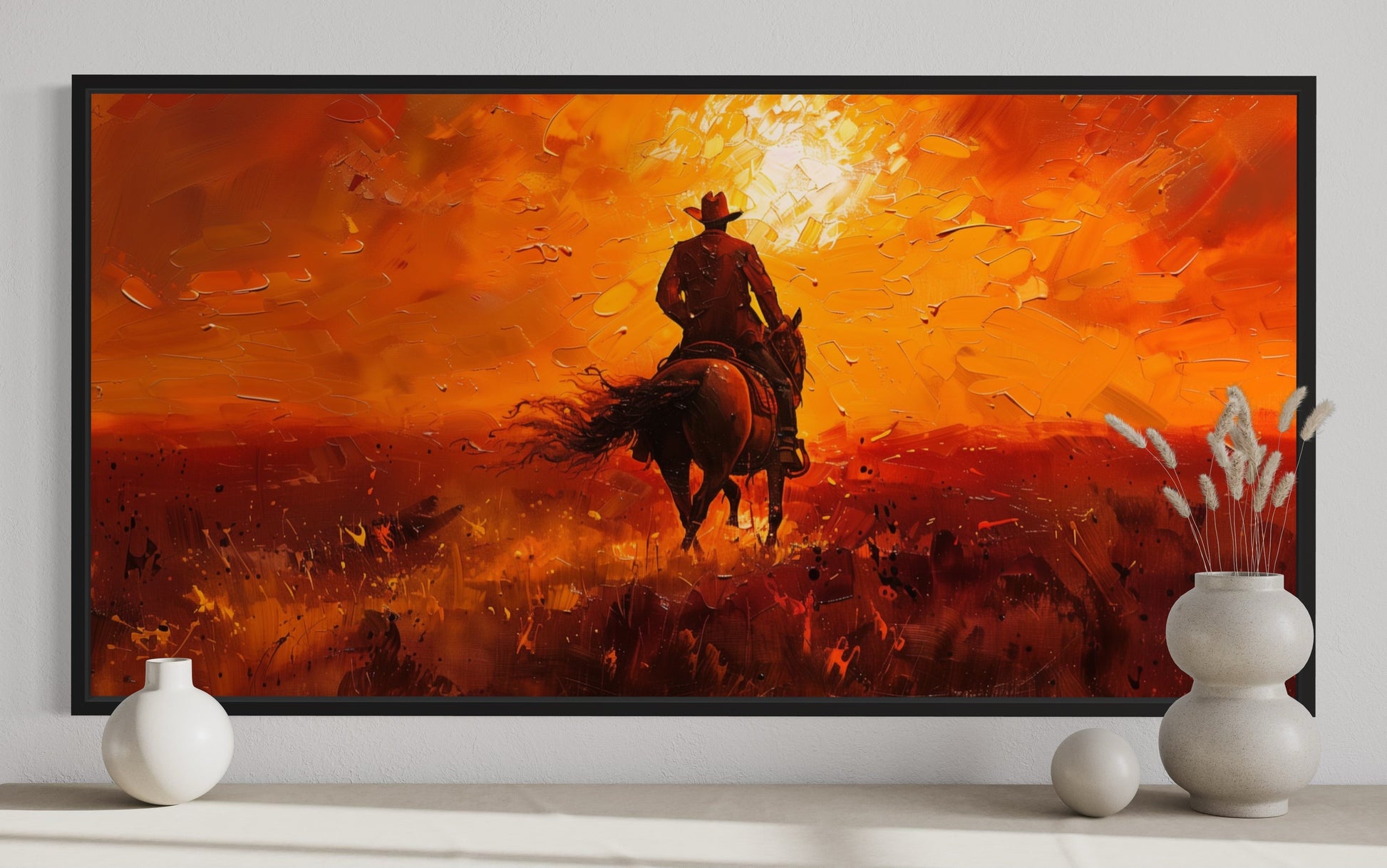 Cowboy Riding Into Sunset Western Canvas Wall Art