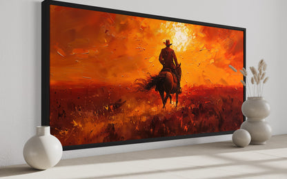 Cowboy Riding Into Sunset Western Canvas Wall Art