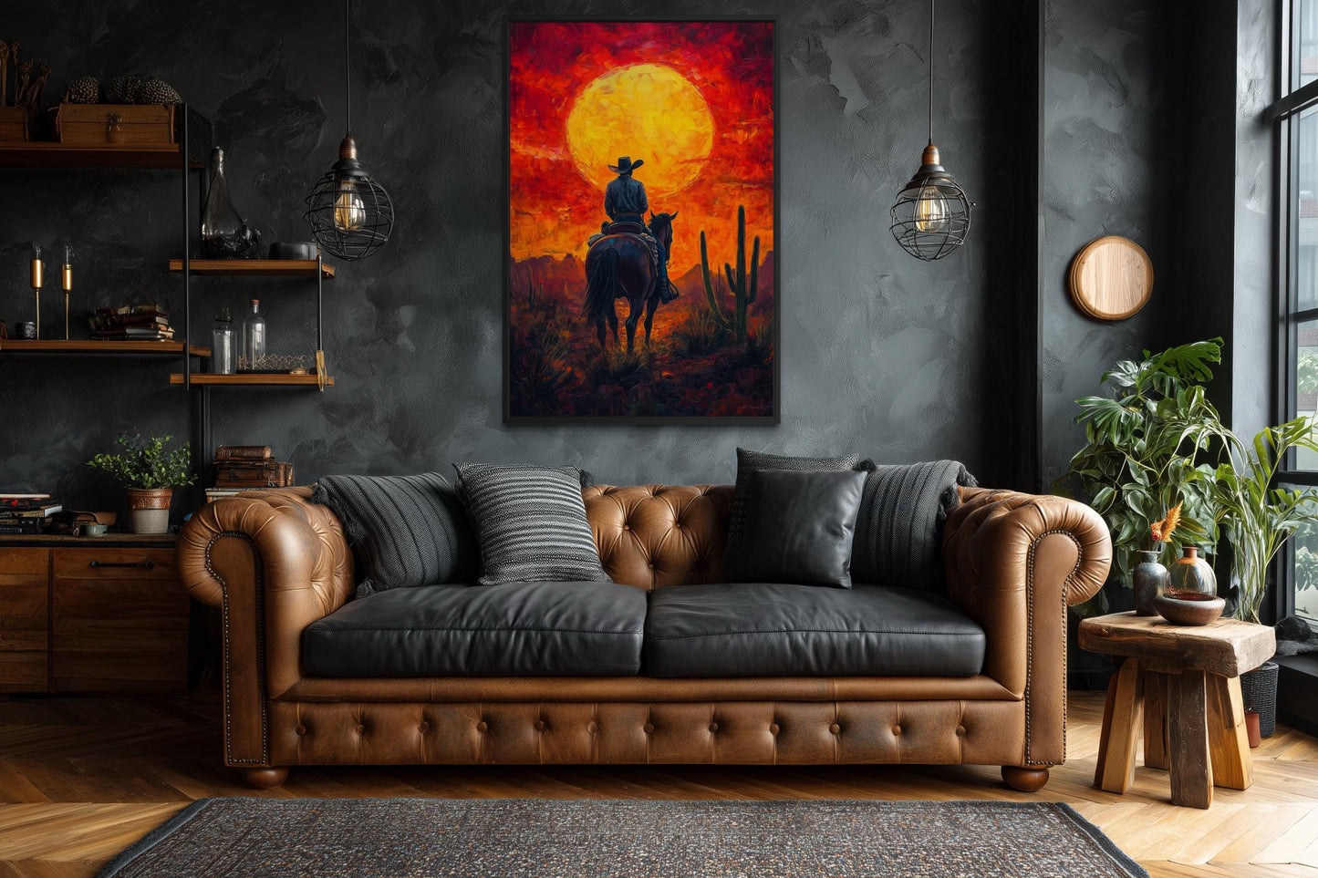 Cowboy Wall Art - Western Canvas Print of Fiery Desert Sunset For Man Cave