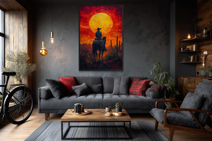 Cowboy Wall Art - Western Canvas Print of Fiery Desert Sunset For Man Cave