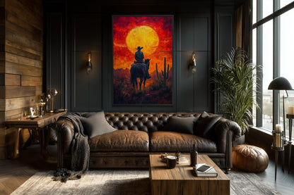 Cowboy Wall Art - Western Canvas Print of Fiery Desert Sunset For Man Cave