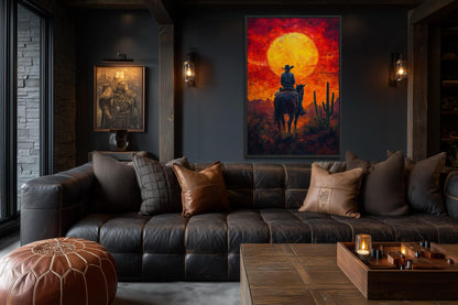 Cowboy Wall Art - Western Canvas Print of Fiery Desert Sunset For Man Cave