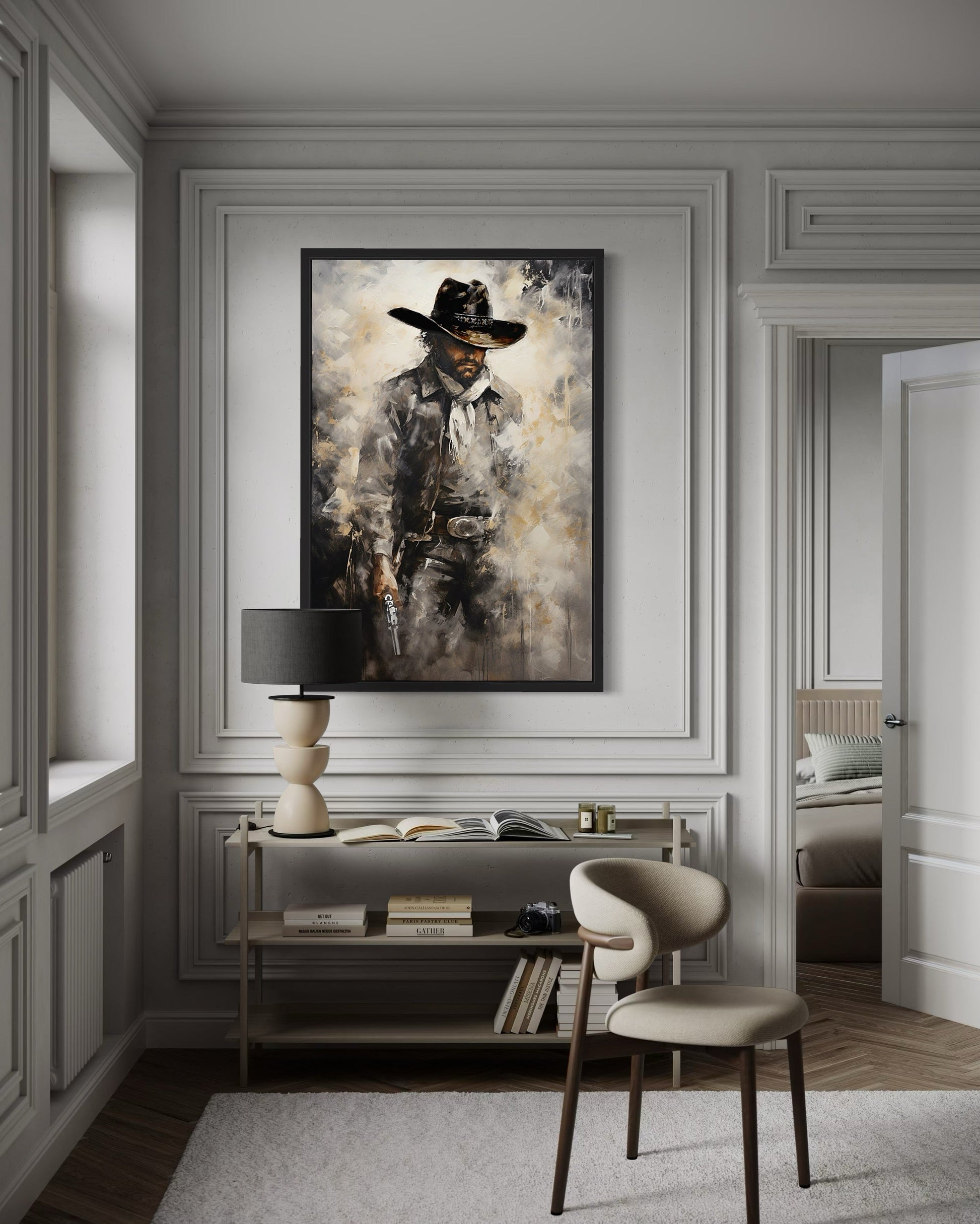 Cowboy With Gun Painting Framed Canvas Wall Art - Western Decor For Men
