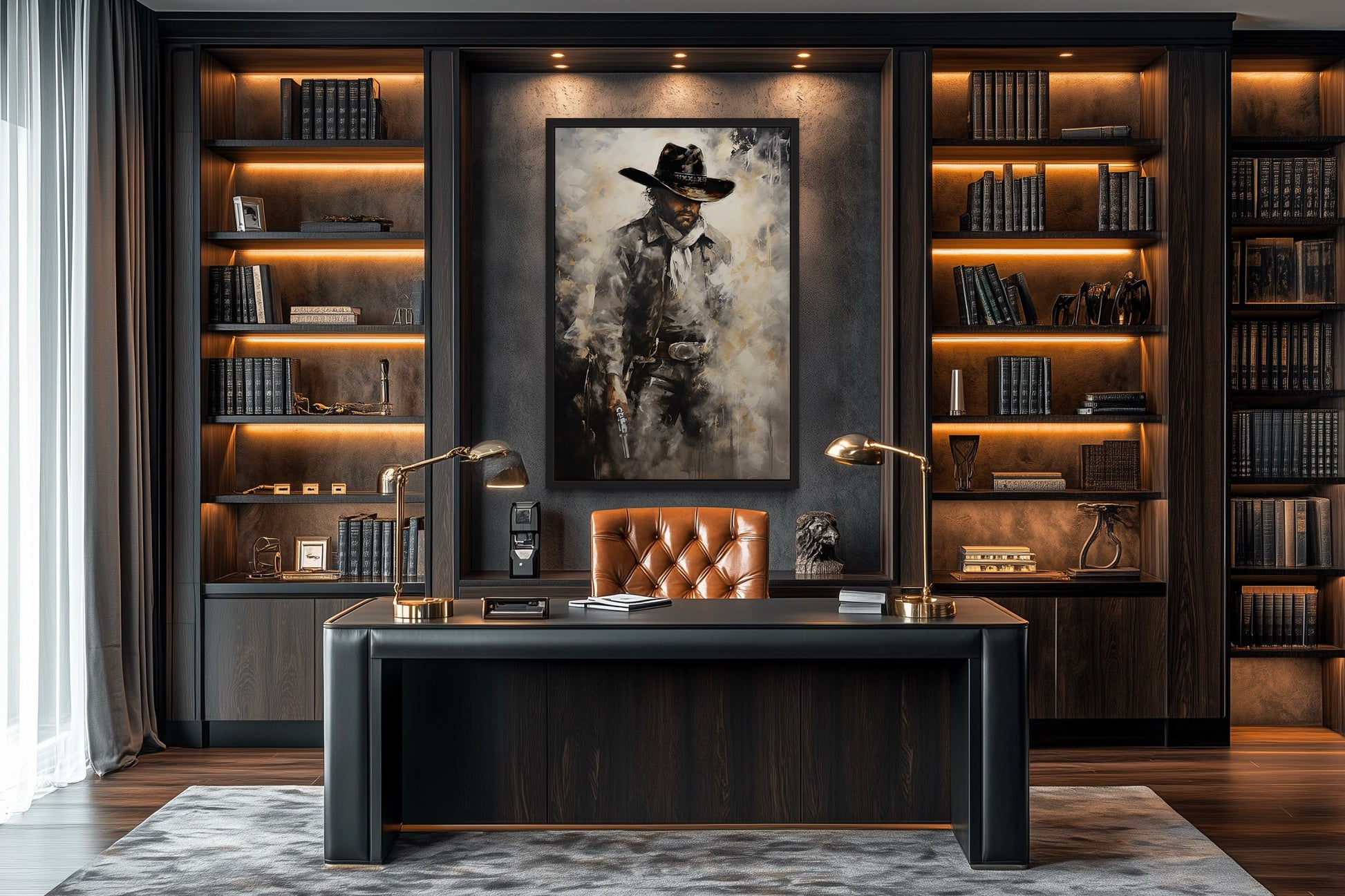 Cowboy With Gun Painting Framed Canvas Wall Art - Western Decor For Men