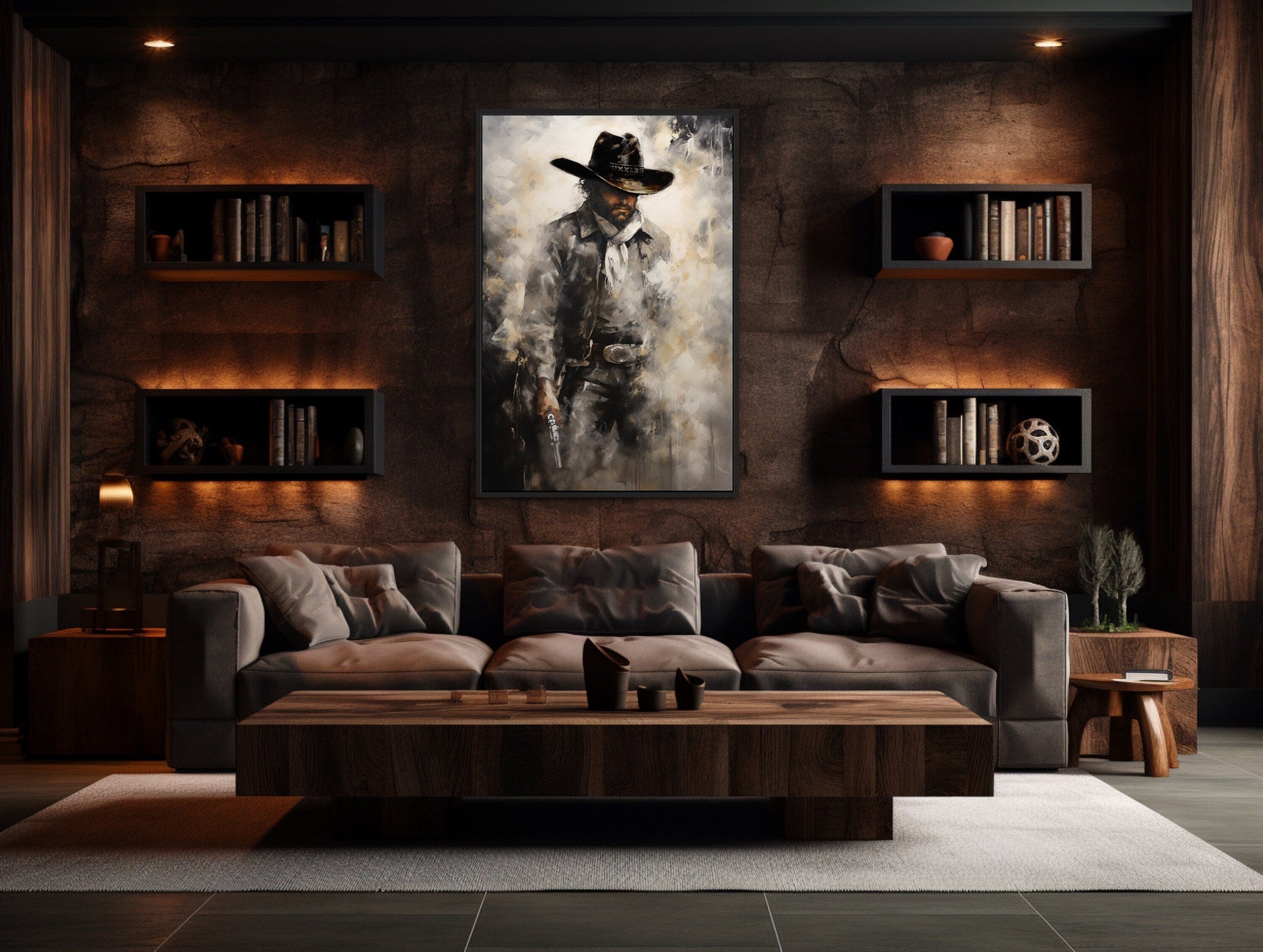 Cowboy With Gun Painting Framed Canvas Wall Art - Western Decor For Men