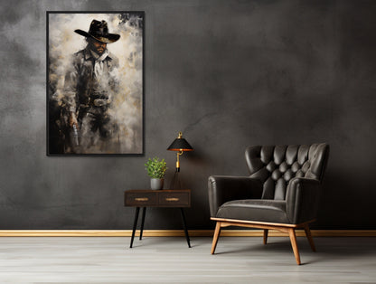 Cowboy With Gun Painting Framed Canvas Wall Art - Western Decor For Men