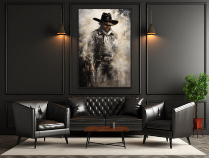Cowboy With Gun Painting Framed Canvas Wall Art - Western Decor For Men