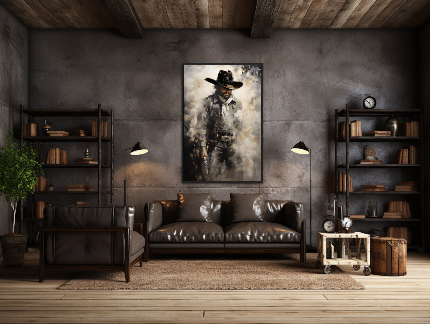 Cowboy With Gun Painting Framed Canvas Wall Art - Western Decor For Men