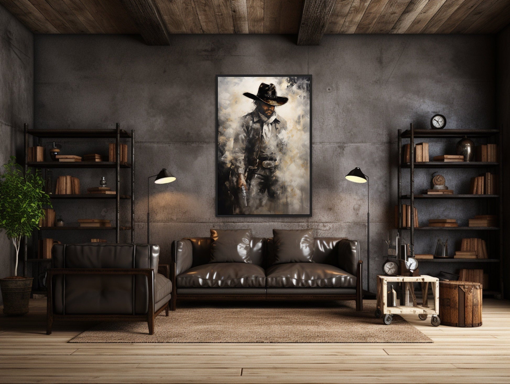 Cowboy With Gun Painting Framed Canvas Wall Art - Western Decor For Men