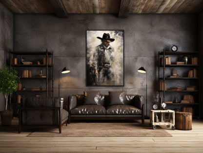 Cowboy With Gun Painting Framed Canvas Wall Art - Western Decor For Men