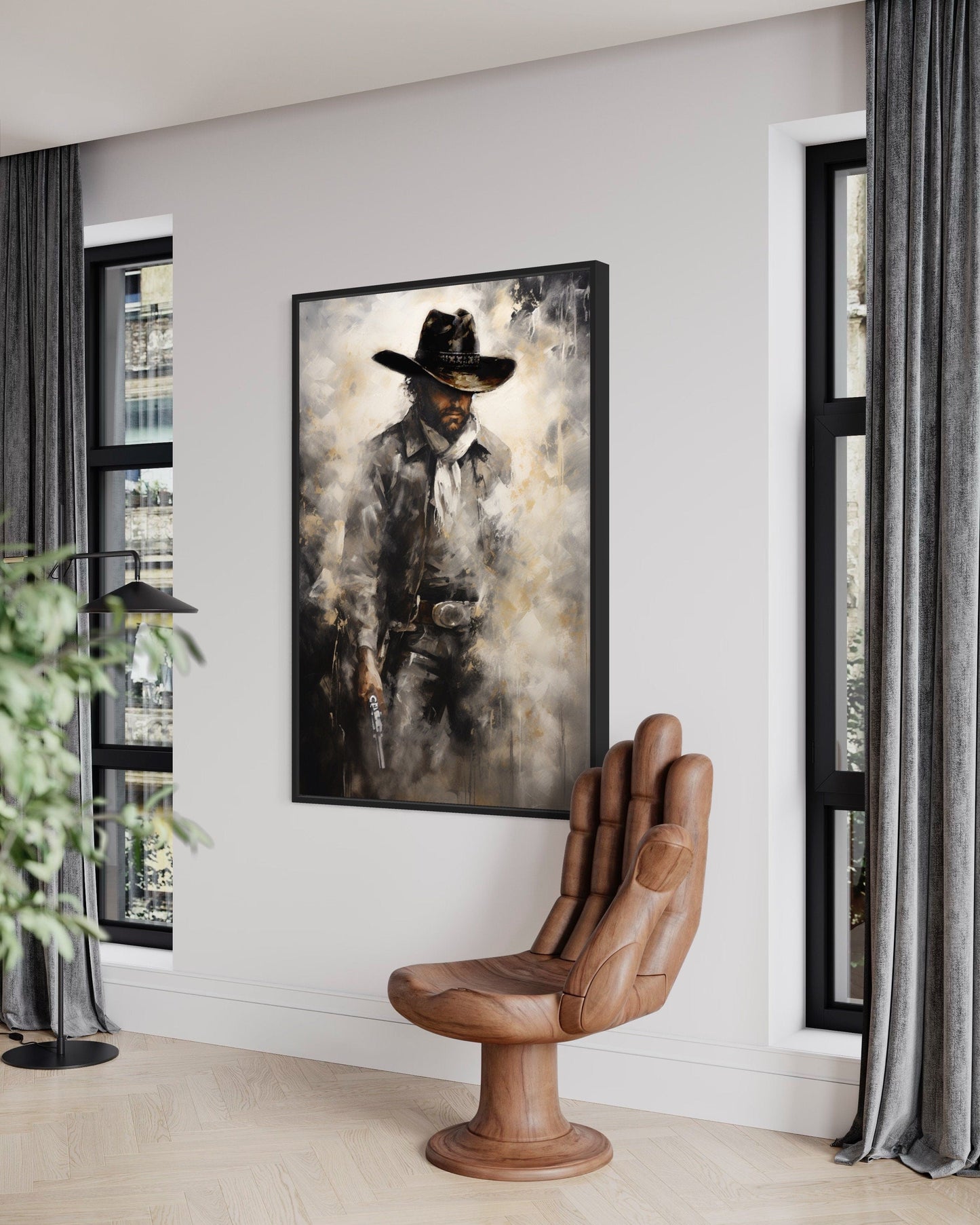 Cowboy With Gun Painting Framed Canvas Wall Art - Western Decor For Men
