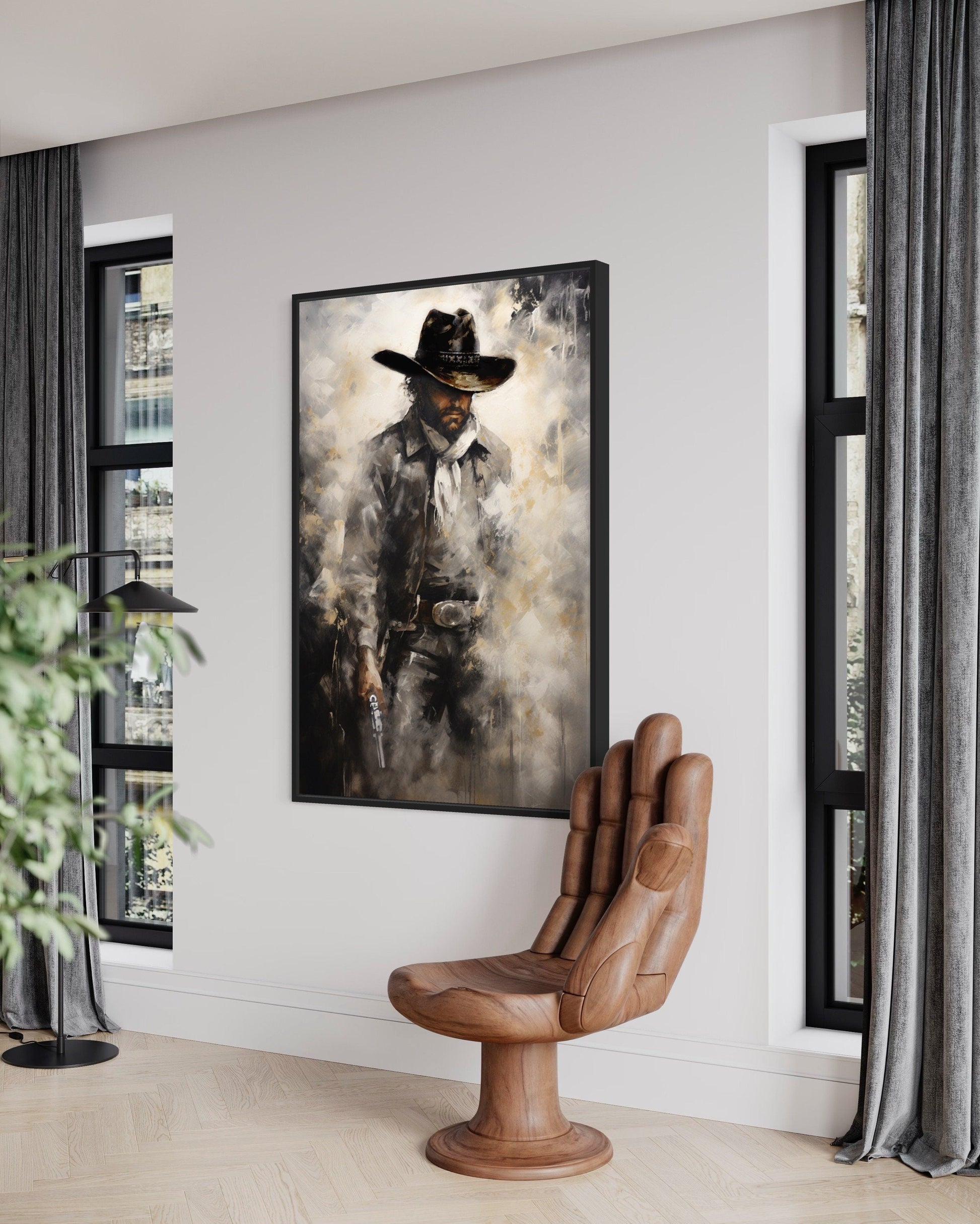 Cowboy With Gun Painting Framed Canvas Wall Art - Western Decor For Men