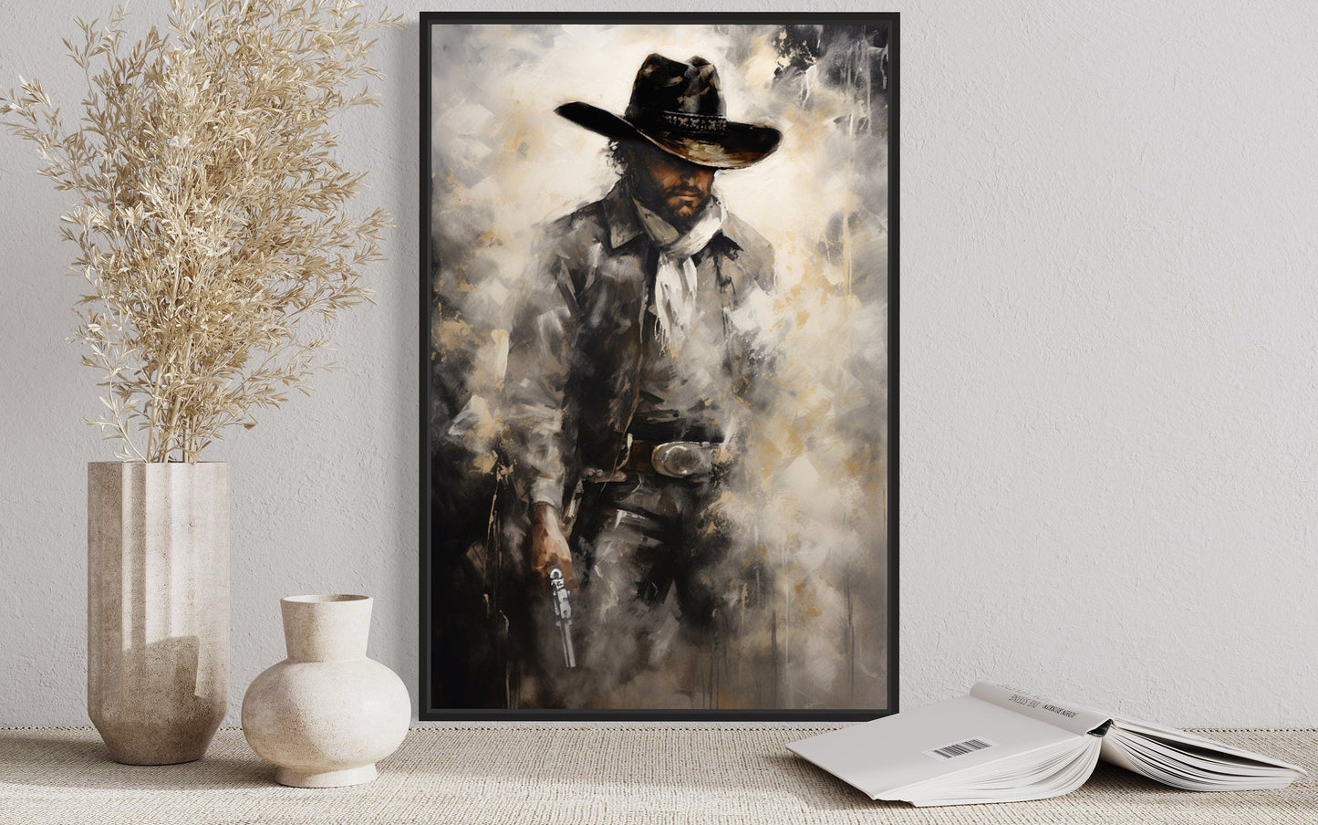 Cowboy With Gun Painting Framed Canvas Wall Art - Western Decor For Men
